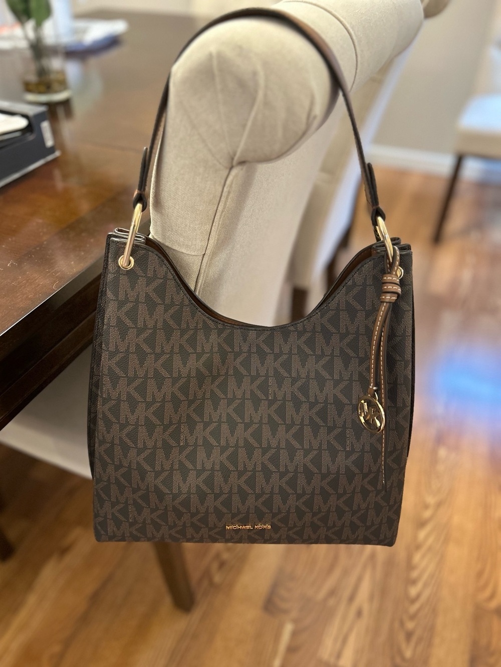 Michael Kors Dark Brown MK Logo Shoulder Hobo with Gold Hardware (NWT)